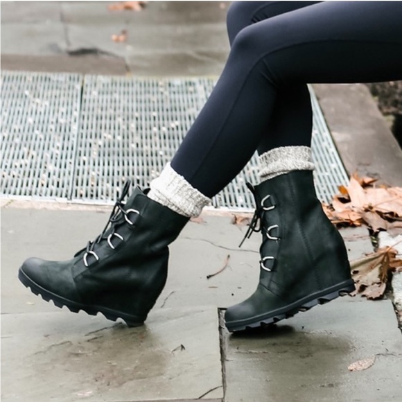 Sorel Women's Joan of Arctic Wedge II Leather Lace Up Boot Black 9.5 - Picture 2 of 10